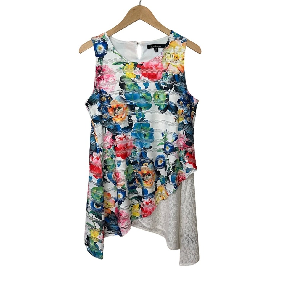 Calessa Tunic Top Womens Medium White Colorful Floral Print Artsy Bohemian Beach